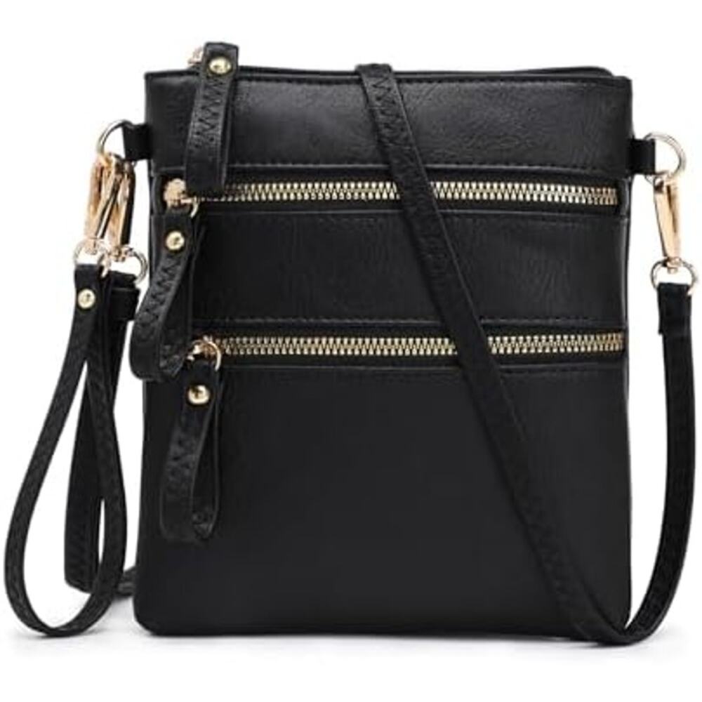 Black Faux Leather Crossbody – Gold Zipper Detail, Compact & Stylish